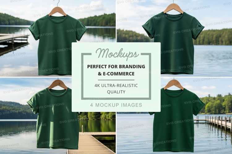 Mockup of green t-shirts by a serene lake