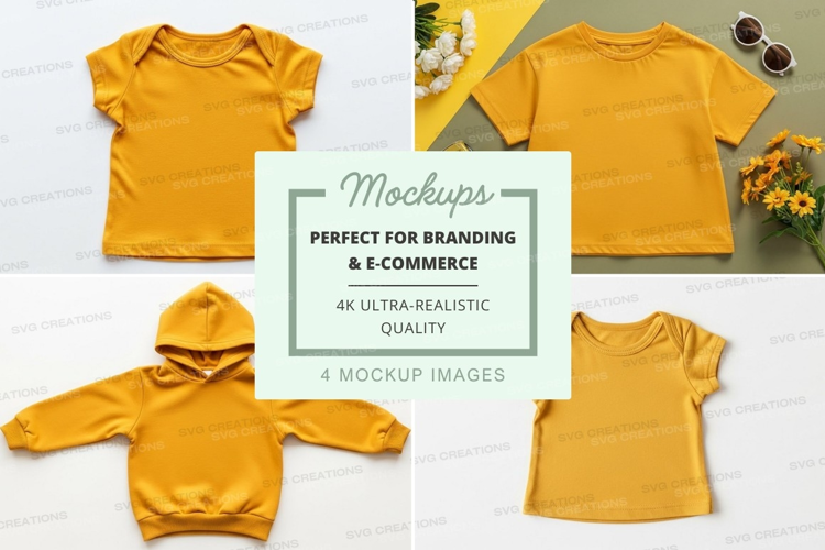 Mockup: mustard yellow baby clothing collection