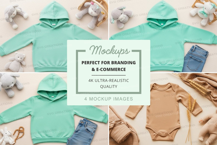 Mockup of baby clothing with stuffed animals