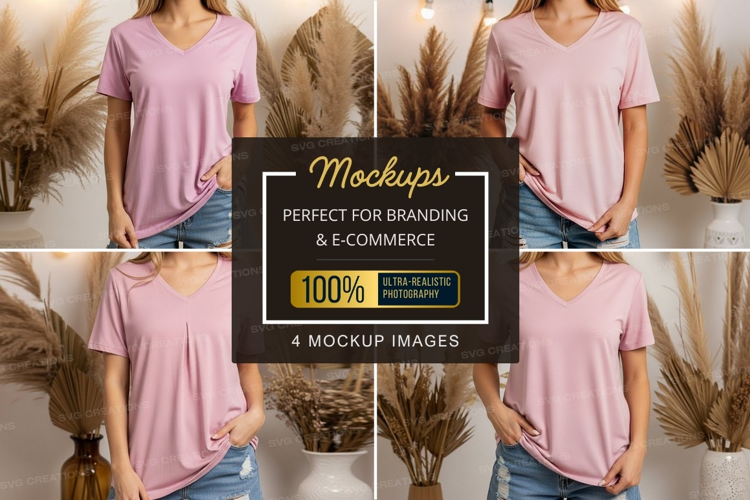 Pink v-neck t-shirt mockup