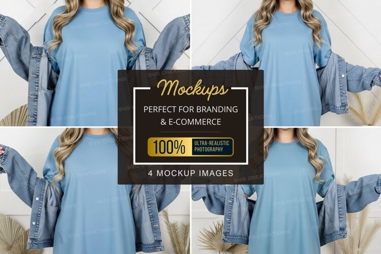 Blue t-shirt mockup with denim jacket example image 1