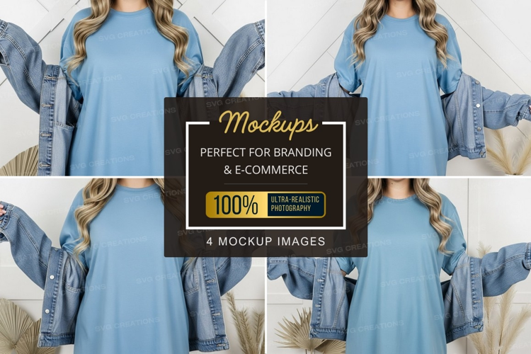 Blue t-shirt mockup with denim jacket