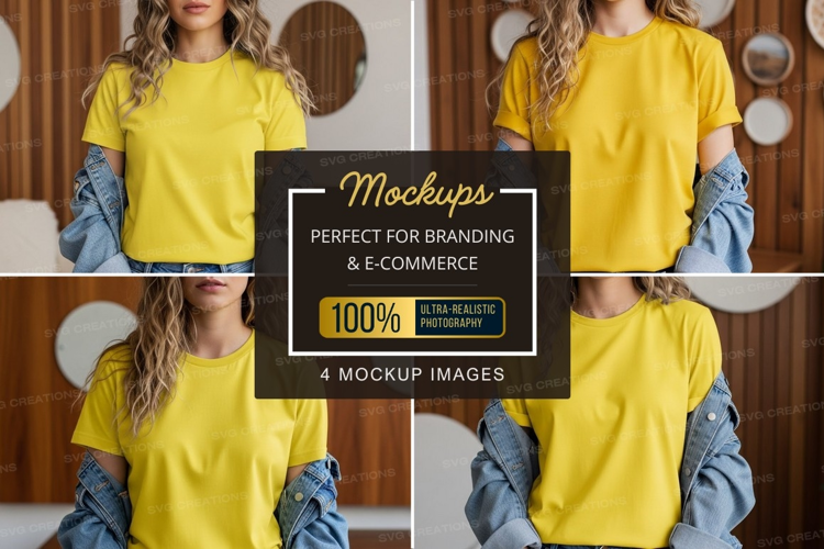 Yellow t-shirt mockup with denim sleeves