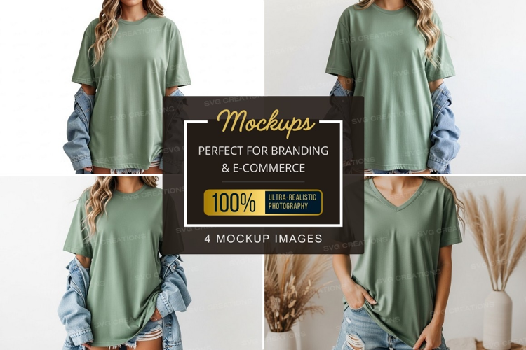 Green t-shirt with denim sleeves mockup