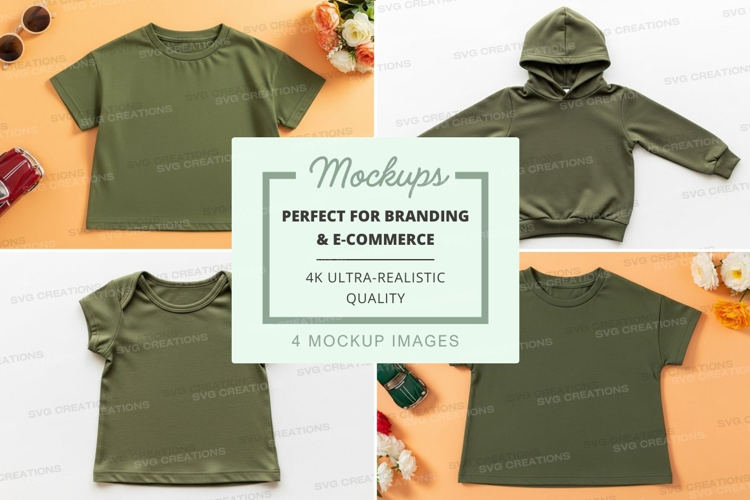 Mockup: collection of green kids' clothing