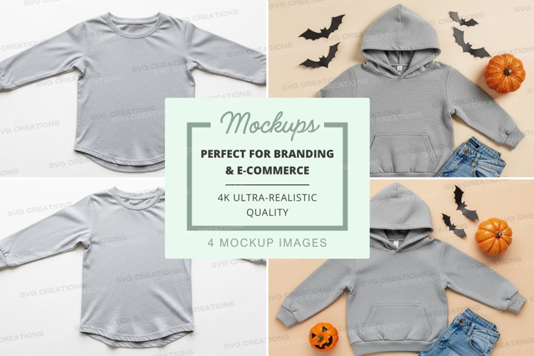 Mockup: gray hoodie and long sleeve shirt with halloween dec