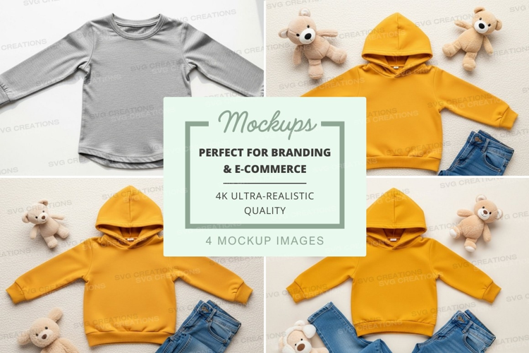 Mockup of children's hoodies and stuffed animals