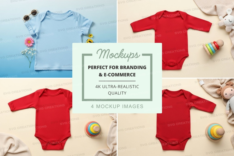 Mockup of baby onesies in various colors