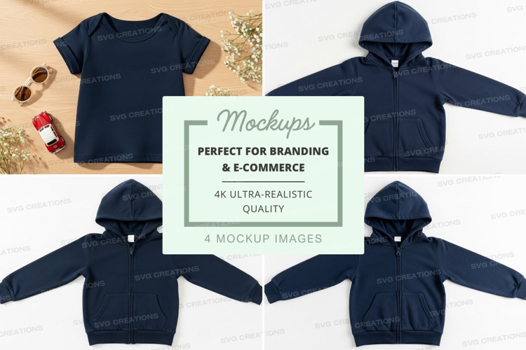 Mockup: collection of navy blue kids' clothing