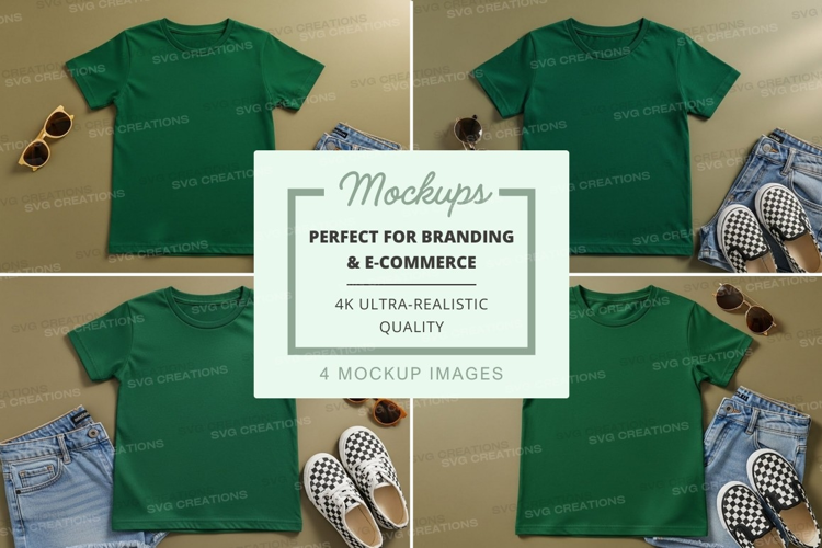 Mockup: green t-shirt with denim shorts and sunglasses