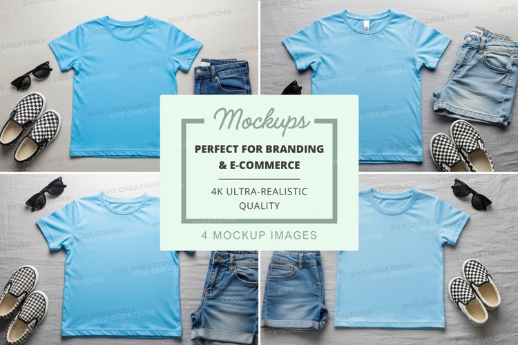 Mockup: casual summer outfits with blue t-shirts and denim s