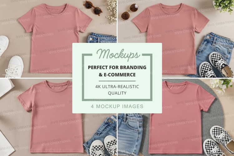 Mockup: casual summer outfit with pink t-shirt and denim sho