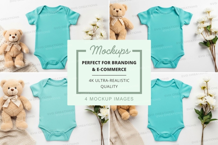 Mockup of baby onesies with teddy bears and flowers