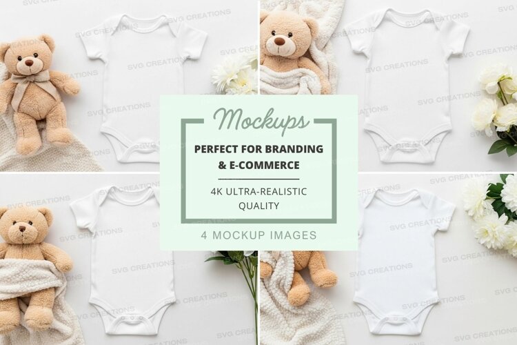 Mockup: baby onesies with teddy bears and flowers example image 1