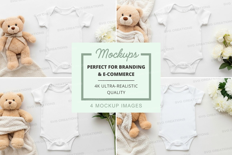 Mockup: baby onesies with teddy bears and flowers