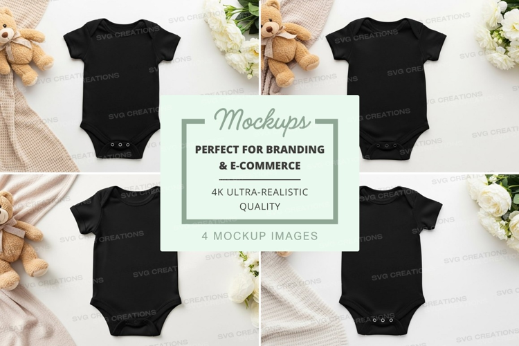 Mockup: baby onesies with soft toys and flowers
