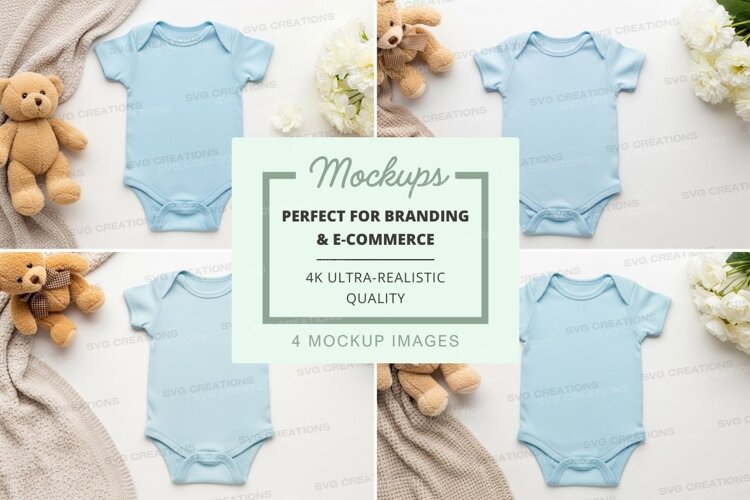 Mockup: baby onesies with teddy bears and flowers example image 1