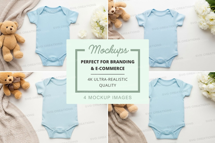 Mockup: baby onesies with teddy bears and flowers