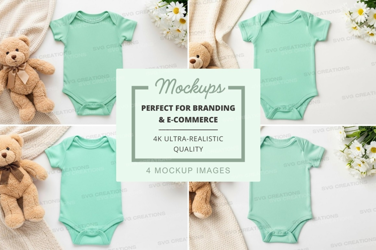 Mockup: baby onesies with teddy bears and flowers