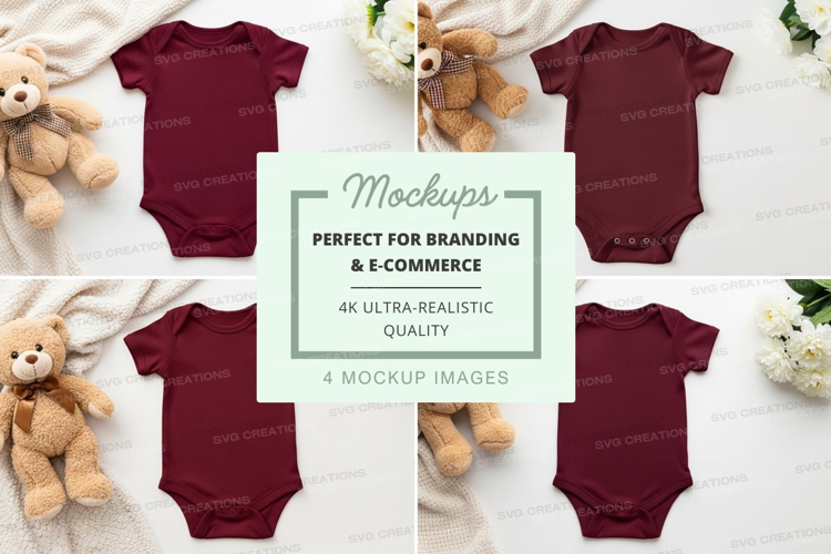 Mockup: baby onesies with teddy bears and flowers