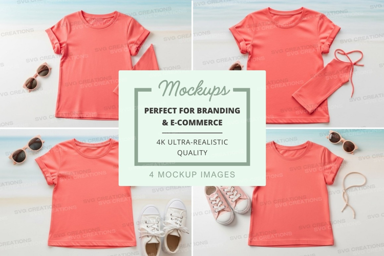 Mockup of coral t-shirts with beach accessories