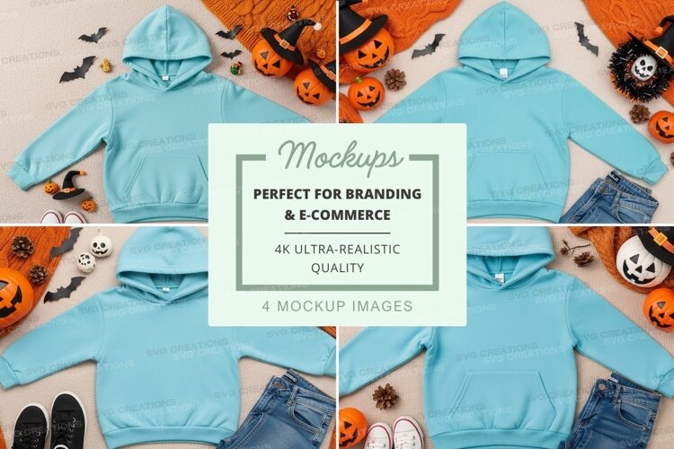 Mockup: cozy blue hoodies with halloween decorations example image 1