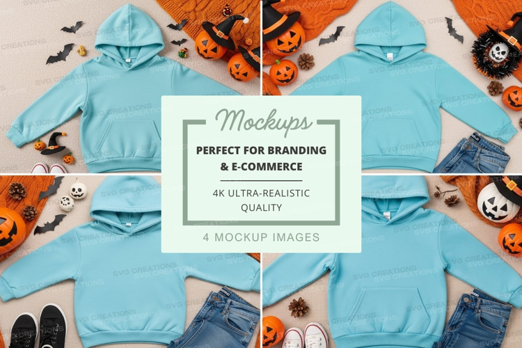 Mockup: cozy blue hoodies with halloween decorations