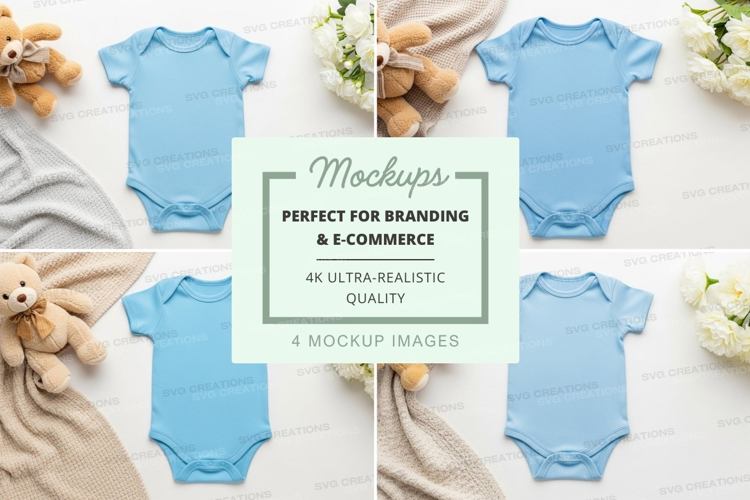 Mockup of baby onesies with stuffed animals and flowers
