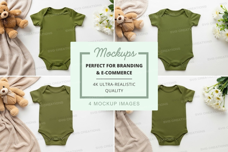 Mockup: baby onesies with stuffed animals and flowers