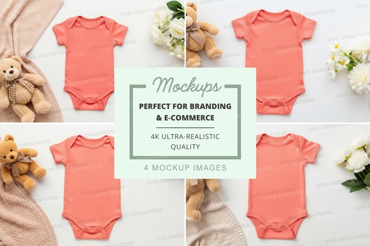 Mockup collection of baby onesies with teddy bears and flowe