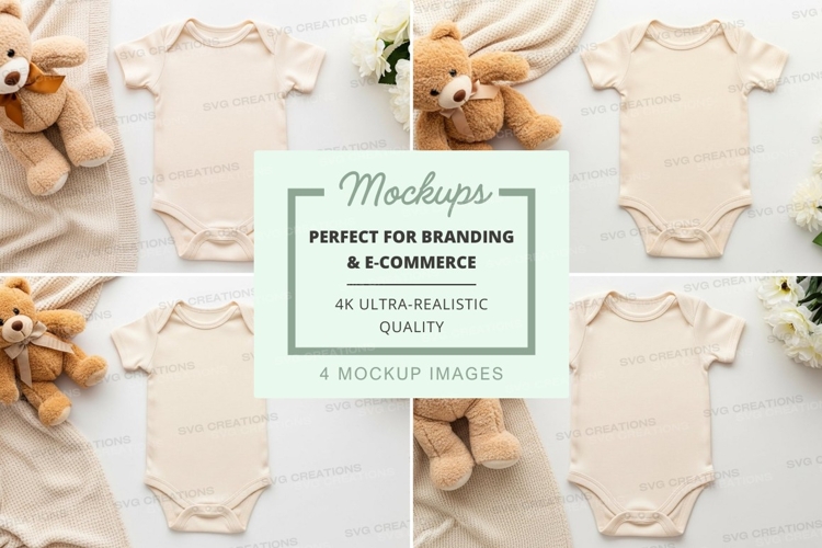 Mockup: baby onesies with teddy bears and flowers