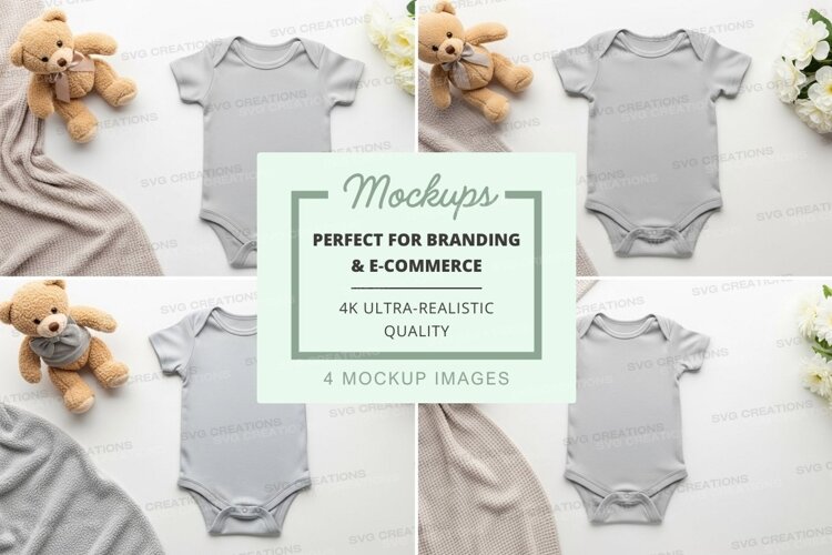 Mockup: baby onesies with teddy bears and flowers example image 1
