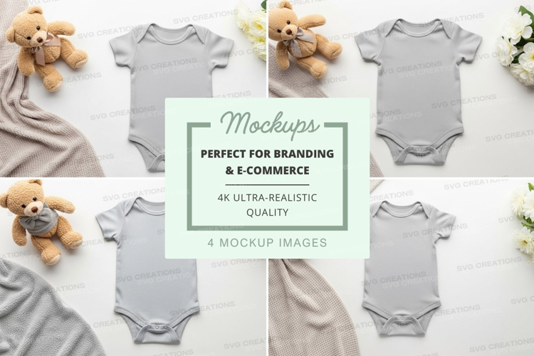 Mockup: baby onesies with teddy bears and flowers