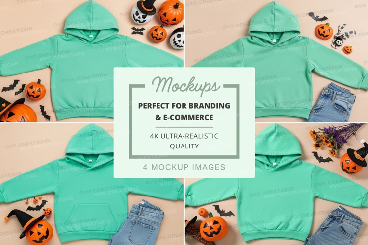 Mockup of teal hoodies with halloween decorations