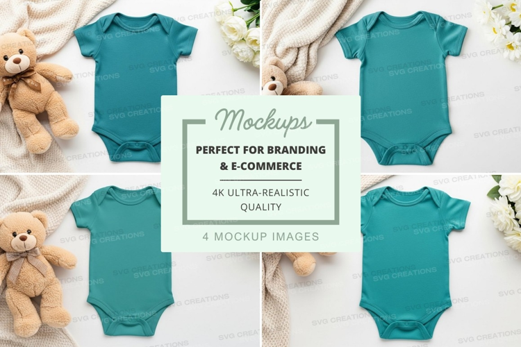 Mockup of baby onesies with teddy bears and flowers