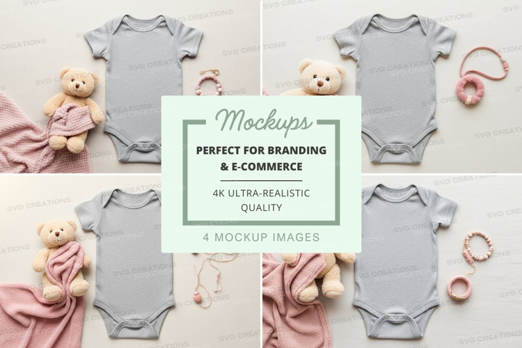 Mockup: baby onesies with teddy bears and accessories