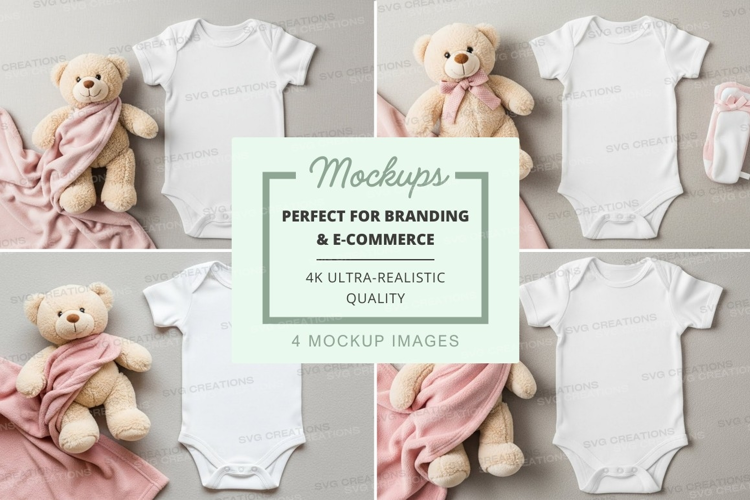 Mockup: baby onesies with teddy bears and blankets