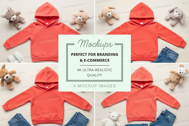 Mockup of children's hooded sweatshirts and stuffed animals
