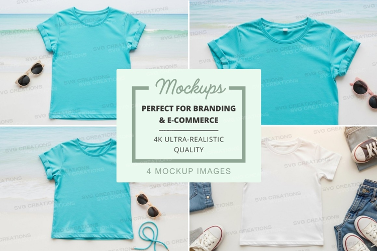 Mockup: turquoise t-shirts with beach accessories