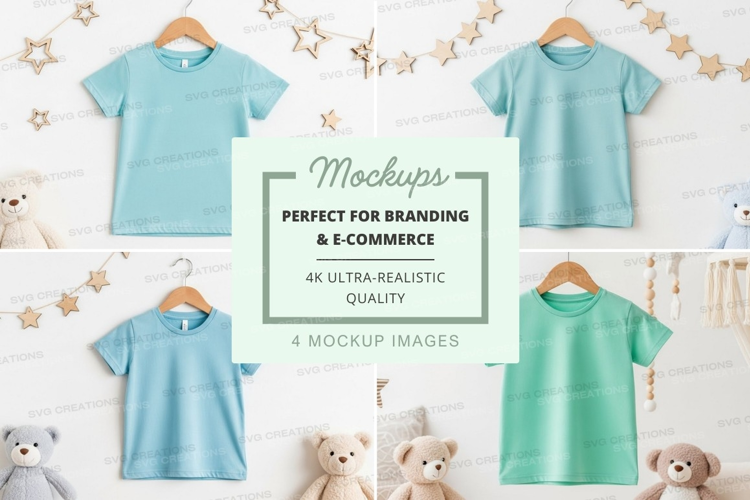 Mockup of children's t-shirts and teddy bears