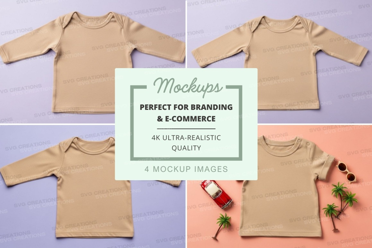 Mockup of beige long-sleeve baby onesie