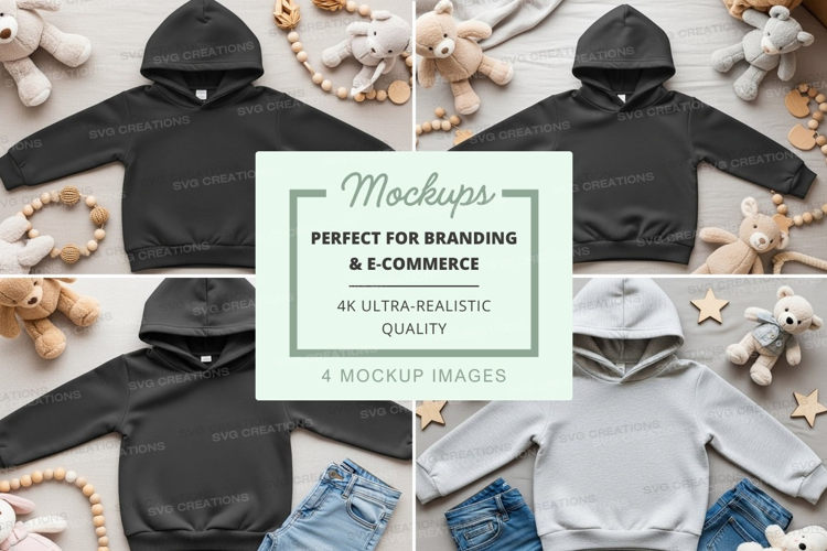 Mockup of kids' hoodies and jeans with stuffed animals