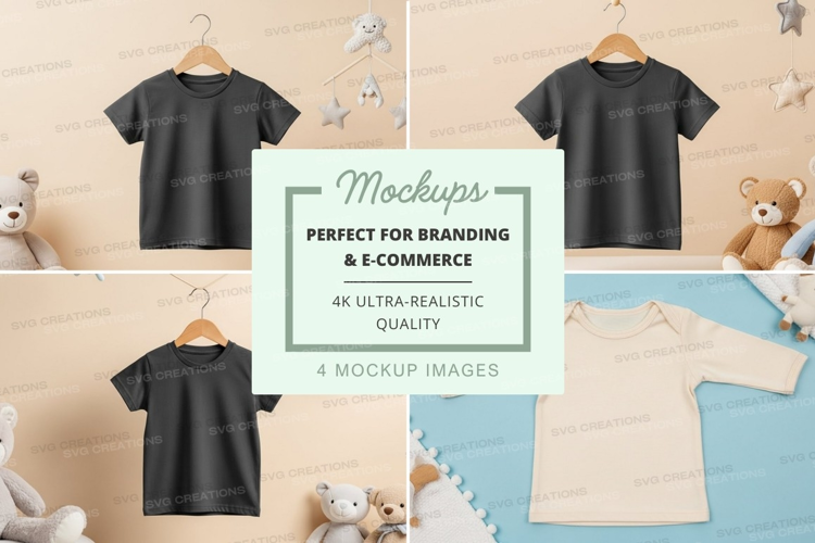 Mockup of baby clothing with stuffed animals