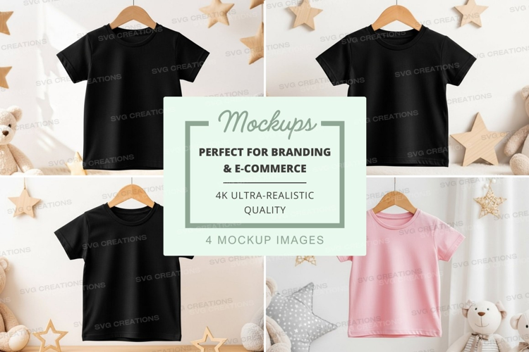 Mockup of children's t-shirts in a playful room setting
