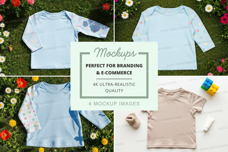 Mockup: children's long-sleeve t-shirts in a floral setting