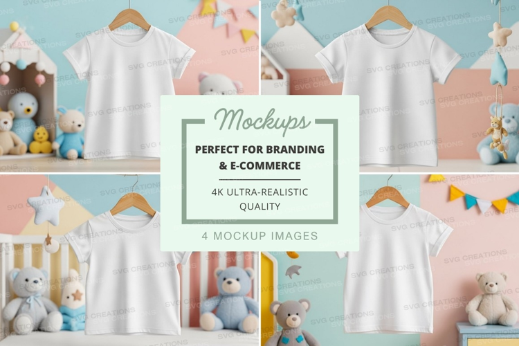 Mockup: children's room with white t-shirts and stuffed anim