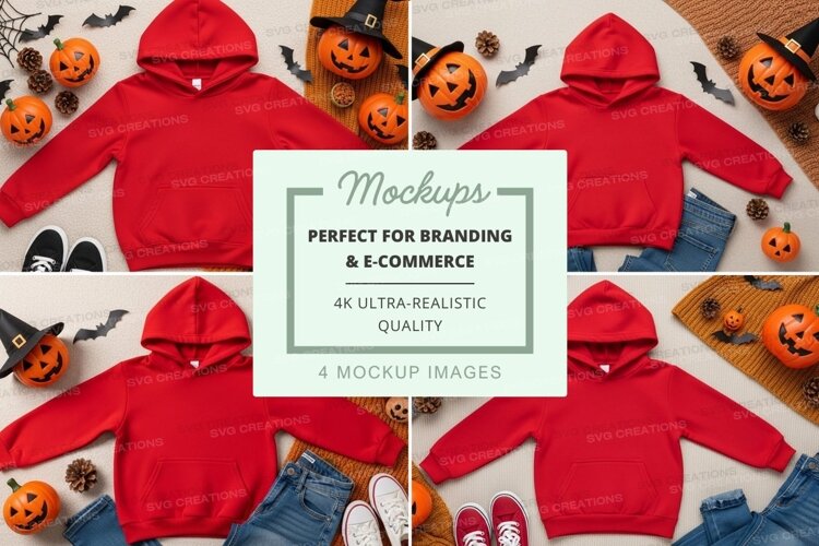 Mockup of red hoodies with halloween decorations example image 1