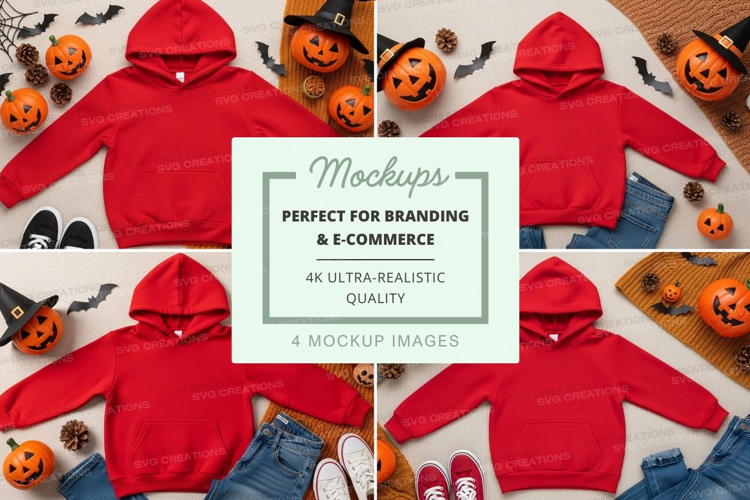 Mockup of red hoodies with halloween decorations