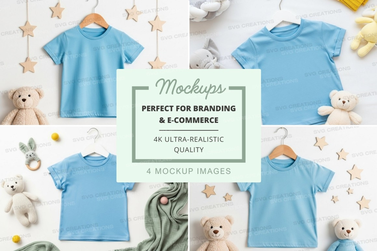 Mockup of baby blue t-shirts with stuffed toys and decoratio