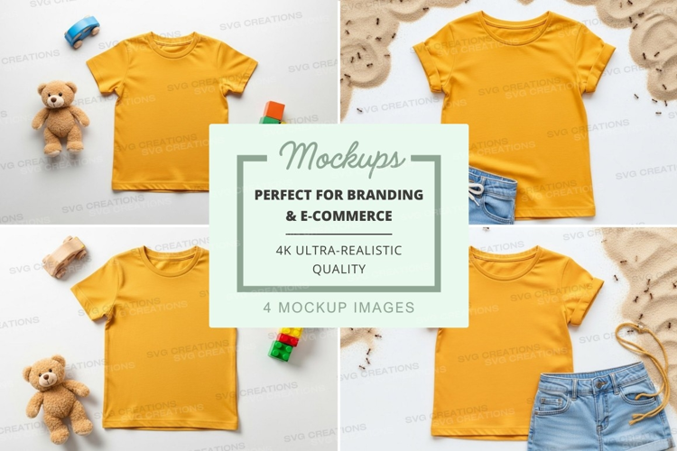 Mockup of children's clothing - yellow t-shirt and denim sho